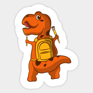 cartoon cute little dinosaur illustration design carrying bag holding pencil and brush Sticker